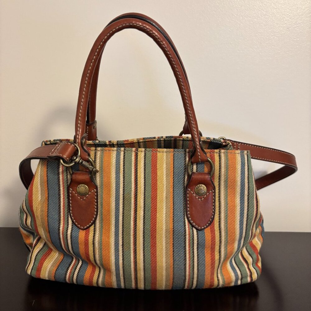 Fossil Multicolor Striped Canvas Fabric Brown Lea… - image 4